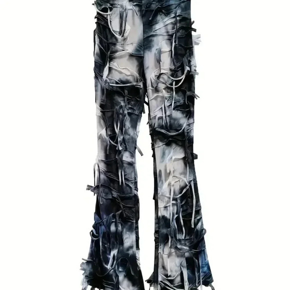 Tassel Mesh Tie Dye Flare Leg Pants (Color: Black/Multicolor) - Picture 3 of 5